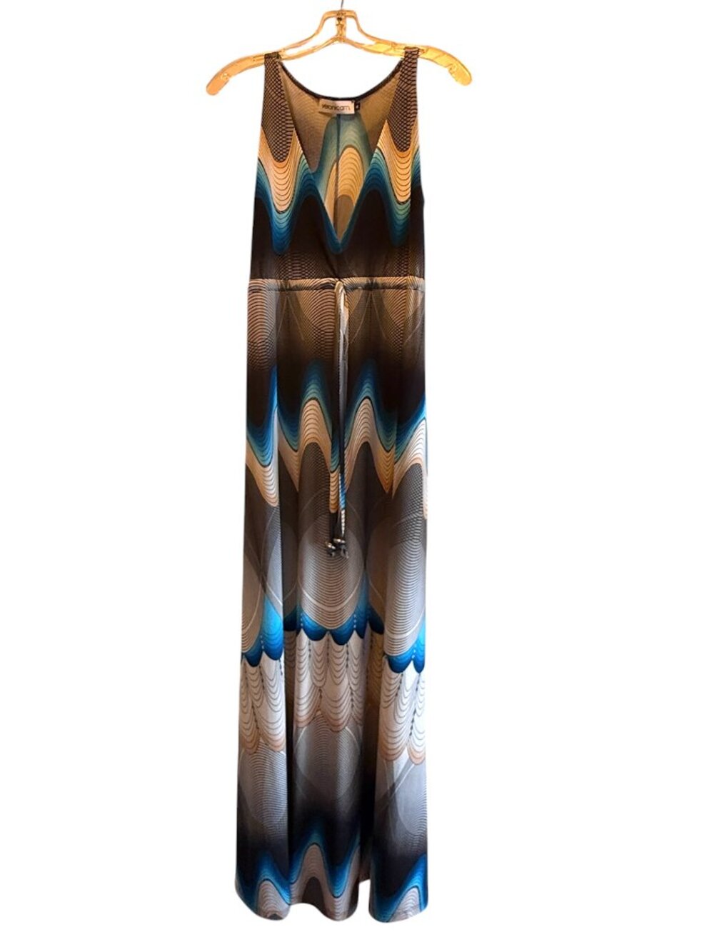 Veronica M Sleeveless Maxi Dress Turquoise Blue, Gray & Creamy Orange Print - S